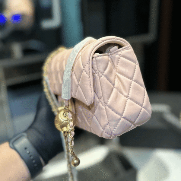 3-309 Chanel Mini Square Flap Bag With Gold Ball Light Pink 7.9 Inches