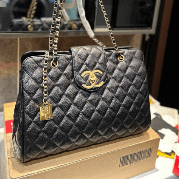 Chanel Quilted Chain Tote Bag Black 14.2 Inches