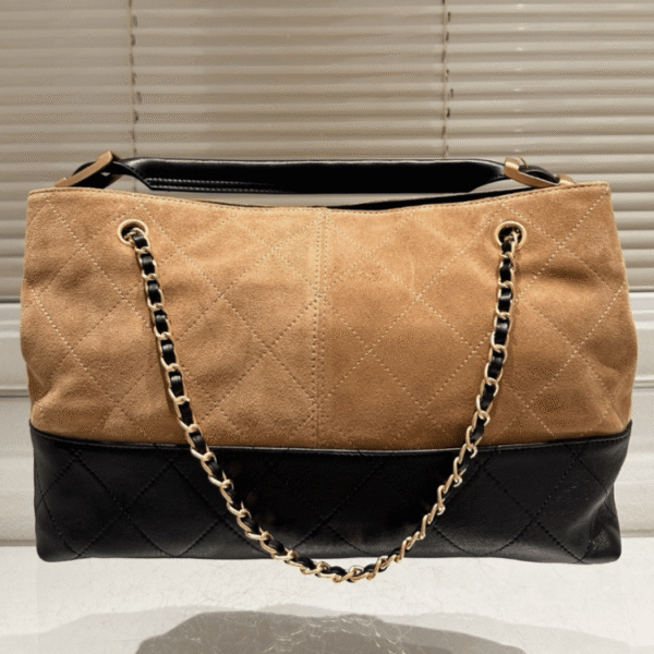 Chanel Shopping Bag Shiny And Gold Tone Metal Beige Black 14.2 Inches AS5657 B20827 U1536