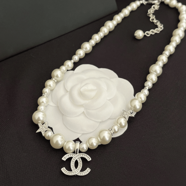 Chanel Pearl Choker Necklace With Star And Cc Pendant Silver-Tone
