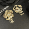 Chanel Camellia Flower Drop Earrings With Cc Logo Gold-Tone