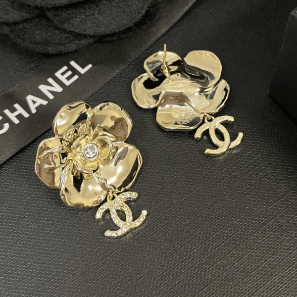 Chanel Camellia Flower Drop Earrings With Cc Logo Gold-Tone