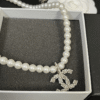 Chanel Pearl Choker Necklace With Rhinestone Cc Pendant Silver-Tone