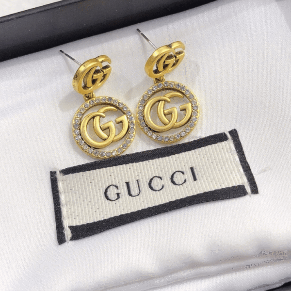 Gucci Interlocking G Drop Earrings With Rhinestones Gold-Tone