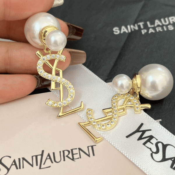 Yves Saint Laurent Cassandre Logo And Pearl Double Earrings Gold-Tone