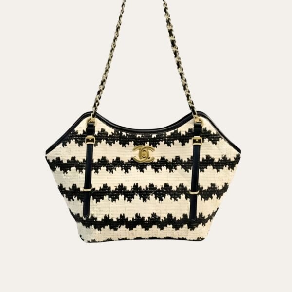 Chanel Small Shopping Bag Braided Straw And Gold Tone Metal Beige And Black 7.9 Inches