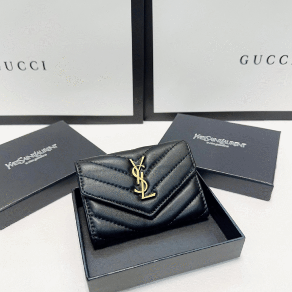 Saint Laurent Envelope Tri-Fold Wallet Black Grain De Poudre 3.5 Inches