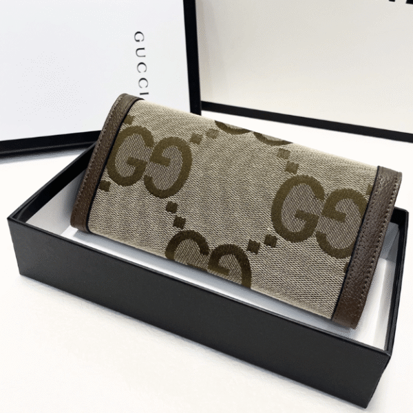 3-519 Gucci Jumbo Gg Monogram Flap Wallet Brown 7.5 Inches