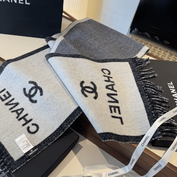 Chanel Logo Cashmere Scarf Grey/White 74.8 Inches