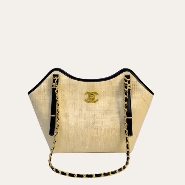 Chanel Small Shopping Bag Braided Raffia Effect Canvas And Gold Tone Metal In Beige 7.9 Inches