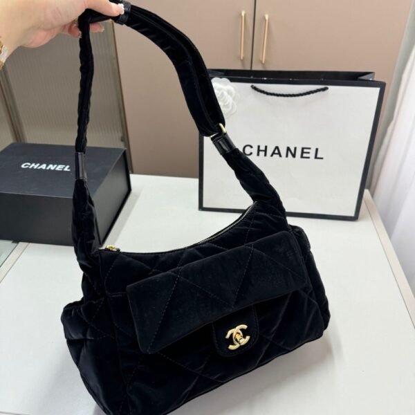 3-69 Chanel Large Bowling Bag Velvet Effect Nylon Gold Tone Black 10.6 Inches AS5054 B21379 94305