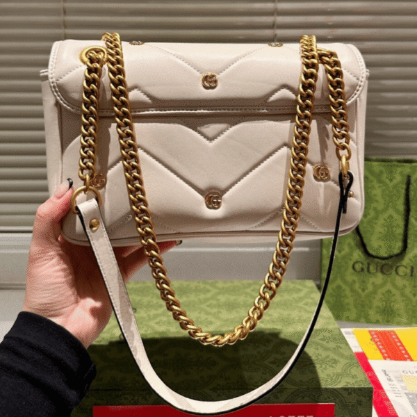 3-86 Gucci Gg Marmont Large Studded Matelassé Shoulder Bag Ivory White 10.2 Inches
