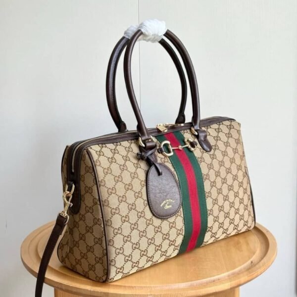 Gucci Borsetto Large Boston Bag GG Canvas Sand And Brown 15.2 Inches 866734 FAFV9 9653
