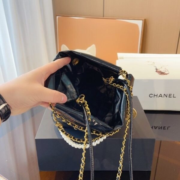 3-90 Chanel 22 Mini Handbag Shiny Crystal Pearls Gold Tone Metal Black 7.8 Inches As3980 B10672 94305