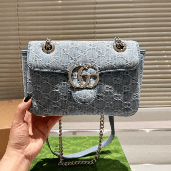 Gucci Gg Marmont Denim Chain Shoulder Bag Blue 8.7 Inches