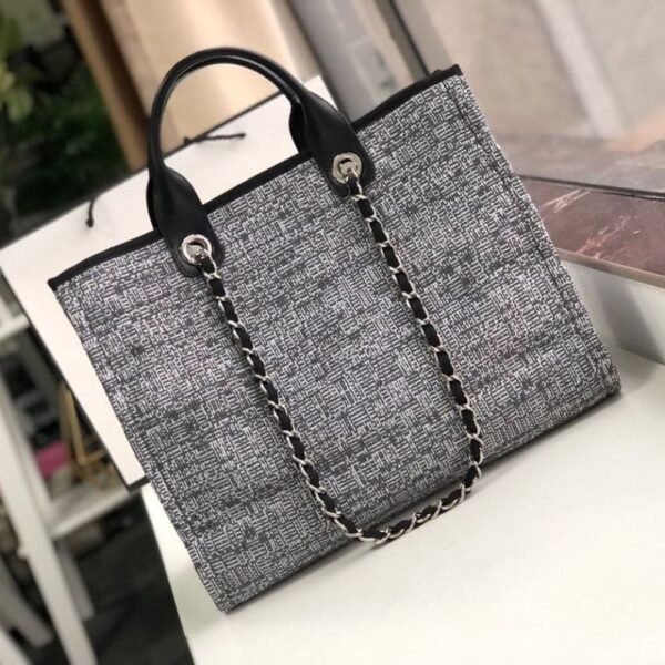 Chanel Deauville Tote Raffia Canvas Bag Black 14.9 Inches