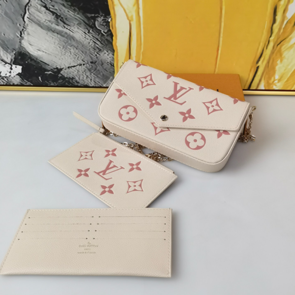 367-1 Louis Vuitton Pochette Félicie Monogram Empreinte Latte White / Candy Pink 8.3 Inches M83025
