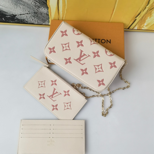 369-1 Louis Vuitton Pochette Félicie Monogram Empreinte Latte White / Candy Pink 8.3 Inches M83025