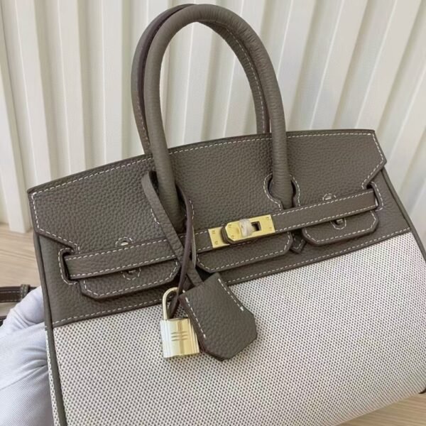 Hermes Birkin 25 Two Tone Toile Canvas Gold Hardware Grey 25Cm