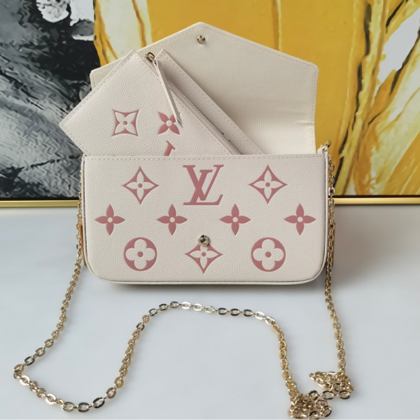 372-1 Louis Vuitton Pochette Félicie Monogram Empreinte Latte White / Candy Pink 8.3 Inches M83025