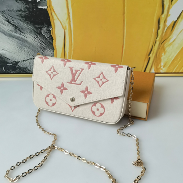 374-1 Louis Vuitton Pochette Félicie Monogram Empreinte Latte White / Candy Pink 8.3 Inches M83025
