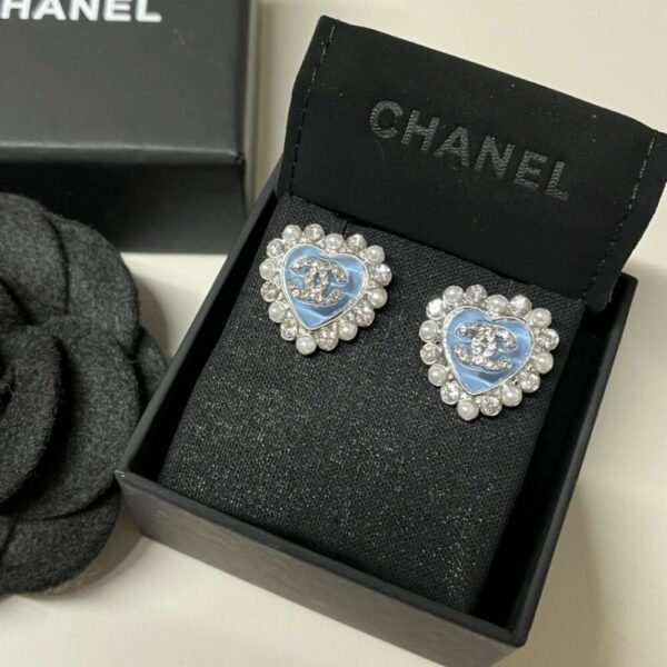 Chanel Heart Motif And Crystal Earrings Blue