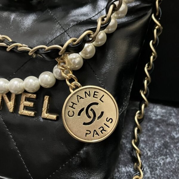 [Premium Quality] – Chanel 22 Mini Handbag Shiny Crystal Pearls Gold Tone Metal Black 7.8 Inches As3980 B10672 94305