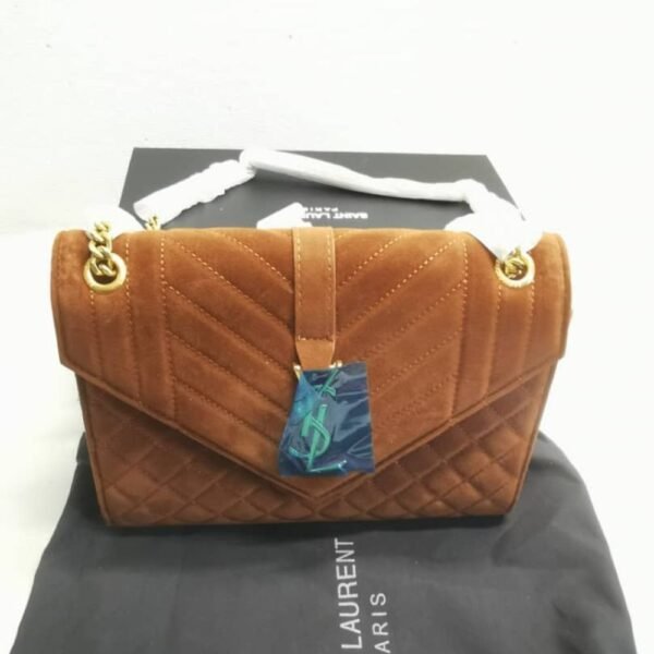 Saint Laurent Envelope Medium Matelassé Suede Shoulder Bag Brown 9.6 Inches