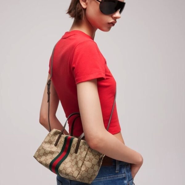 Gucci Mini Boston Bag Web GG Canvas Sand Dark Brown 7.5 Inches