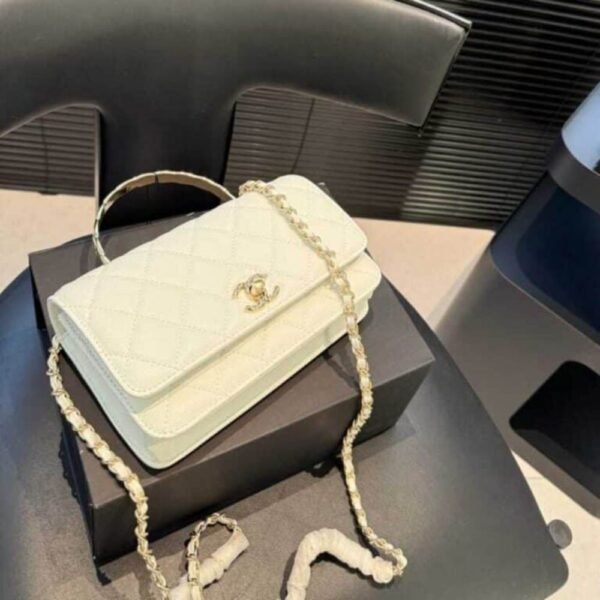 4-21 Chanel Clutch With Strap Shiny Crumpled With Imitation Pearls White 7.9 Inches Ap3803 B15603 10601