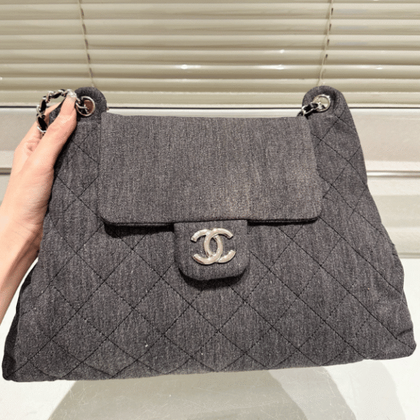 Chanel Quilted Denim Flap Bag Grey 11.8 Inches