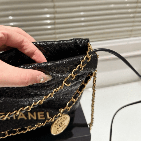 Chanel 22 Sequined Coin Bucket Bag Black 6.7 Inches