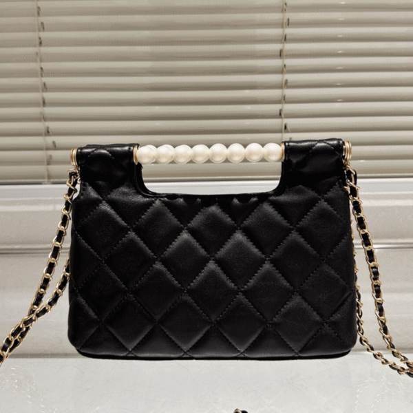 4-245 Chanel Small Tote Shini Pearls Gold-Tone Metal Black 9.1 Inches