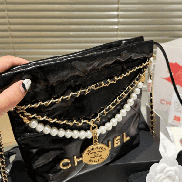 Chanel 22 Mini Drawstring Bucket Bag Black Pearl 7.9 Inches