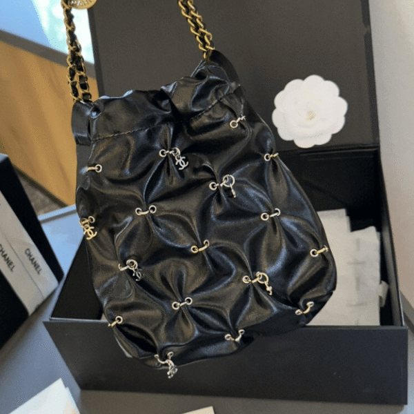 4-254 Chanel 22 Mini Drawstring Bucket Bag Black 7.9 Inches
