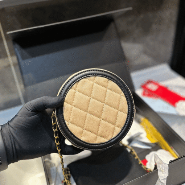 Chanel Round Coin Purse/Flap Bag Beige/Black 5.5 Inches