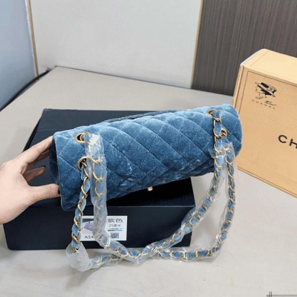 Chanel Velvet Classic Flap Bag Blue 9.8 Inches