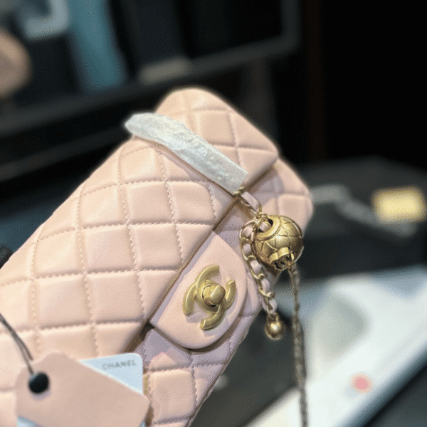 4-309 Chanel Mini Square Flap Bag With Gold Ball Light Pink 7.9 Inches
