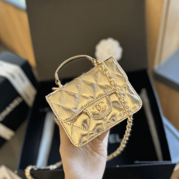 Chanel Mini Top Handle Flap Bag Gold Metallic 5.1 Inches