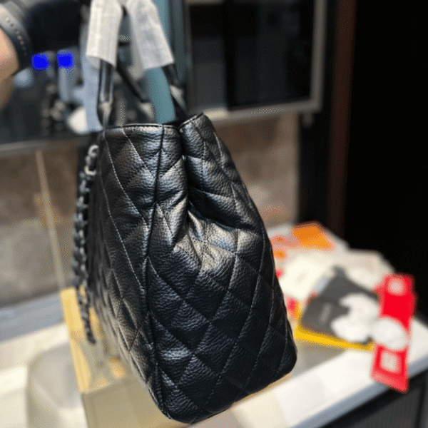 Chanel Quilted Tote Bag Black Gold Chain 15.4 Inches