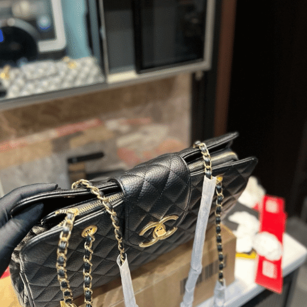 Chanel Quilted Chain Tote Bag Black 14.2 Inches