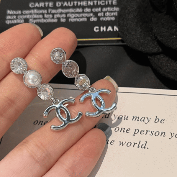 Chanel Cc Logo Drop Earrings With Pearls And Rhinestones Silver-Tone