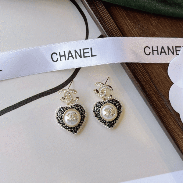 Chanel Cc Logo Heart Drop Earrings With Pearls And Rhinestones Black/White/Gold