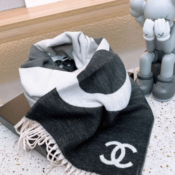 Chanel No. 5 Logo Cashmere Wool Scarf Black/White 70.8 Inches