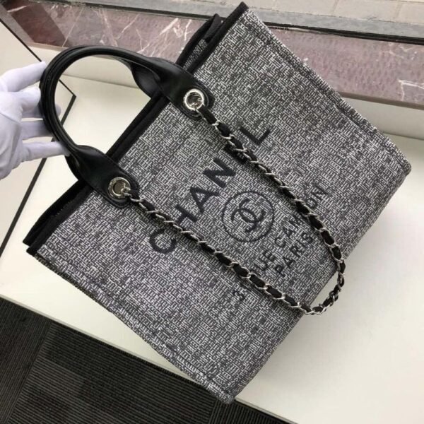 Chanel Deauville Tote Raffia Canvas Bag Black 14.9 Inches