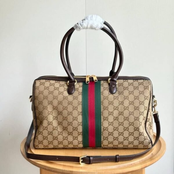 Gucci Borsetto Large Boston Bag GG Canvas Sand And Brown 15.2 Inches 866734 FAFV9 9653