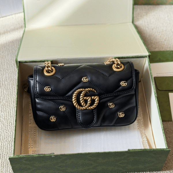 Gucci Gg Marmont Studded Matelessé Shoulder Bag Black 8.7 Inches