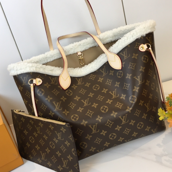 465.png Louis Vuitton Neverfull Monogram Shearling Trim MM Brown 12.2 Inches M56960