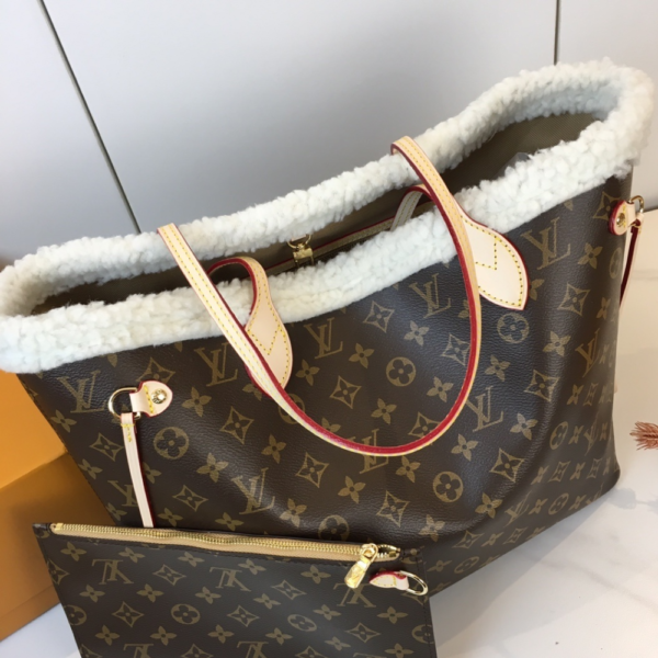 466.png Louis Vuitton Neverfull Monogram Shearling Trim MM Brown 12.2 Inches M56960