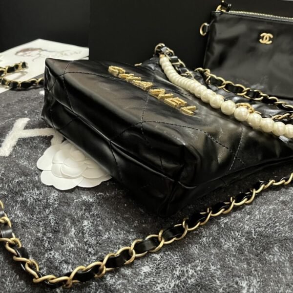 [Premium Quality] – Chanel 22 Mini Handbag Shiny Crystal Pearls Gold Tone Metal Black 7.8 Inches As3980 B10672 94305
